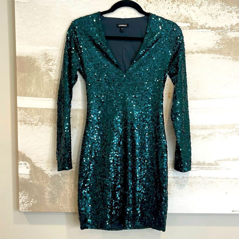 Green Sequined Long Sleeve Dress by Express Size small